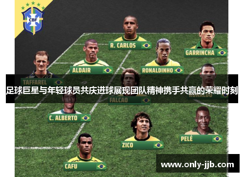 足球巨星与年轻球员共庆进球展现团队精神携手共赢的荣耀时刻