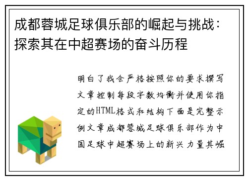 成都蓉城足球俱乐部的崛起与挑战：探索其在中超赛场的奋斗历程