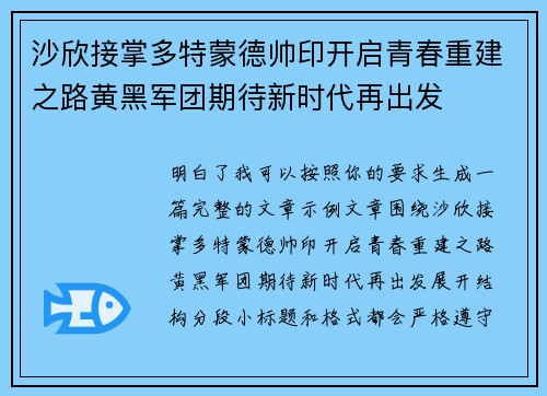 沙欣接掌多特蒙德帅印开启青春重建之路黄黑军团期待新时代再出发